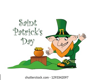 Happy St. Patrick's Day celebration. Leprechaun near stump with a pot of gold coins. 