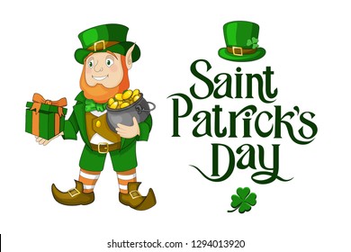 Happy St. Patricks Day celebration banner or poster elements illustration of leprechaun and lettering isolated on white background.