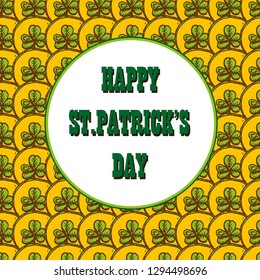 Happy St. Patricks Day celebration poster. Vector hand drawn  illustration of gold coins with shamrock leaves and inscription Happy St. Patrick's Day.