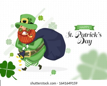 Happy St. Patrick's Day Celebration Concept With Smoker Leprechaun Man Lifting A Heavy Bag And Shamrock Leaves Decorated On White Background.