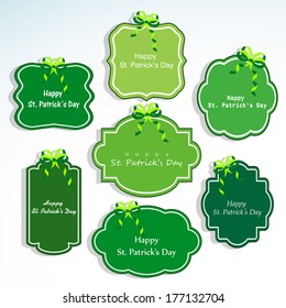 Happy St. Patrick's Day celebration sticker, tag or badges on blue background.