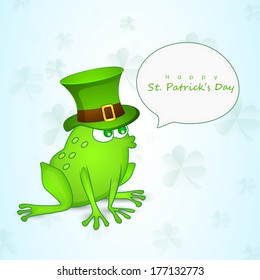 Happy St. Patrick's Day celebration poster, banner or flyer with cute little frog wearing hat.