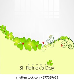 Happy St. Patrick's Day celebration poster, banner or flyer with clover leaves on abstract background.