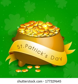 Happy St. Patrick's Day celebration poster, banner or flyer with golden pot full of golden coins on green background.