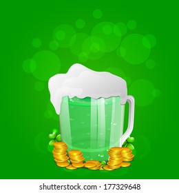 Happy St. Patrick's Day celebration poster, banner or flyer with beer mug and gold coins on green background.