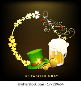 Happy St. Patrick's Day celebration poster, banner or flyer with beer mug, hat on golden clover leaves decorated brown background.