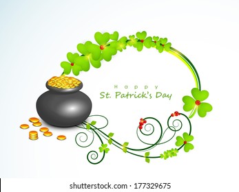 Happy St. Patrick's Day celebration poster, banner or flyer with traditional mud pot full of gold coins on clover leaves decorated background.