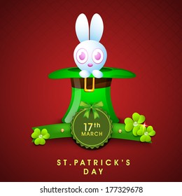 Happy St. Patrick's Day celebration poster, banner or flyer with beautiful bunny in hat on maroon background.