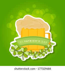 Happy St. Patrick's Day celebration poster, banner or flyer with beer mugs, green ribbon and clover leaves on green background.