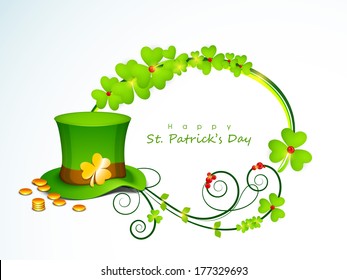 Happy St. Patrick's Day celebration poster, banner or flyer with hat on clover leaves decorated background.