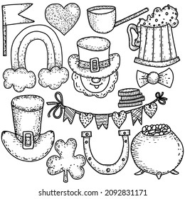 Happy St. Patricks Day celebration doodle set.Vector hand drawn illustration of leprechaun hat, shamrock leaf, beer glass, golden coins, rainbow, garland, cauldron, treasure, irish flag and clover.