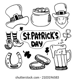 Happy St. Patricks Day celebration doodle set.Vector hand drawn illustration of leprechaun hat, shamrock leaf, beer glass, golden coins, cauldron, treasure and clover.