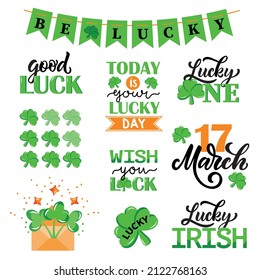 Feliz Día de San Patricio. Tipografía con letras dibujadas a mano y caligrafía. Ilustración vectorial para afiche, tarjeta, pancarta, taza, camiseta. Citas y saludos de vacaciones con shamrock