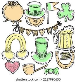 Happy St. Patricks Day celebration doodle set.Vector hand drawn illustration of leprechaun hat, shamrock leaf, beer glass, golden coins, rainbow, garland, cauldron, treasure, irish flag and clover.