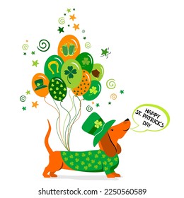 Happy St. Patrick's Day! Celebration background with Cute dachshund dog in St. Patrick's Day costume and place for your text.  Irish holiday folklore themed. Greeting Card. Vector Illustrations 