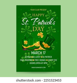 Happy St. Patrick's Day celebration. Background for party invitation, flyer, banner, greeting card. Shamrock clover, gold coins, Leprechaun hat and shoes. Vector illustration.