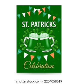 Happy St. Patrick's Day celebration with green beer. Background with garland with flags and glasses of green ale. Beer festival for St. Patricks Day. Vector illustration.