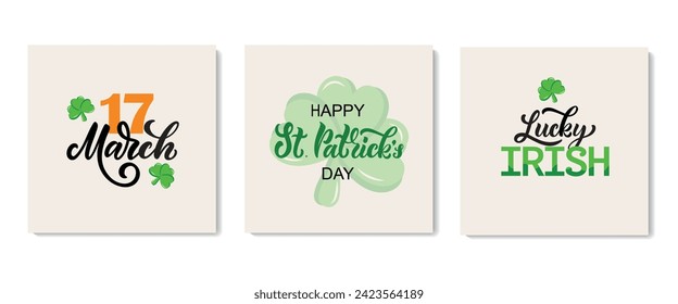 Feliz Día de San Patricio. Tipografía con letras dibujadas a mano y caligrafía. Ilustración vectorial para afiche, tarjeta, pancarta, taza, camiseta. Citas y saludos de vacaciones con shamrock