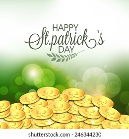 Happy St. Patrick's Day celebration with gold coins on shiny green background.