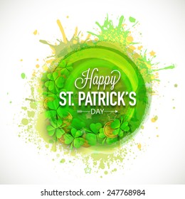 Happy St. Patrick's Day celebration with Irish lucky clover leaf and gold coins on color splash background.