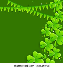 Happy St. Patrick's Day celebration greeting card design with Irish lucky clover leaves and glossy bunting decoration on green background.