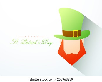 Happy St. Patrick's Day celebration with leprechaun in hat on grey background.