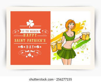Happy St. Patrick's Day celebration postcard design with young leprechaun girl holding beer mugs in her hand.
