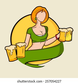 Happy St. Patrick's Day celebration with young leprechaun girl holding beer in both hands on yellow background.