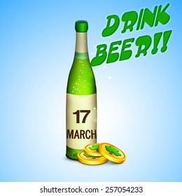 Happy St. Patrick's Day celebration with beer bottle and green shamrock on golden coins.