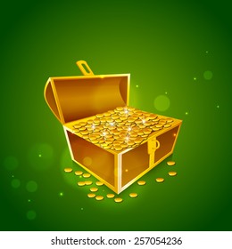 Happy St. Patrick's day celebration with box full of golden coins on shiny green background.