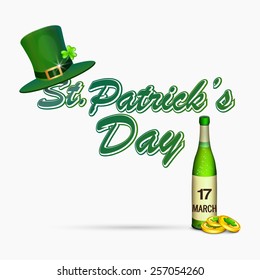 Happy St. Patrick's Day celebration concept with leprechauns hat, beer bottle and gold coins on white background.