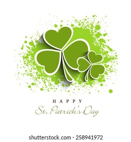 Happy St. Patrick's Day celebration greeting card design with Irish lucky shamrock leaves on green color splash background.