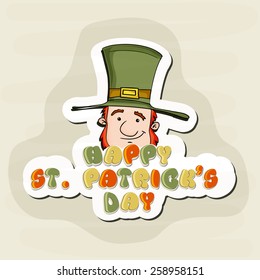 Happy St. Patrick's Day celebration sticker, tag or label design with smiling leprechauns on stylish background.