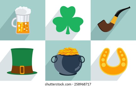 Happy St. Patrick's Day celebration set with beer, clover leaf, smoking pipe, leprechauns hat,  earthenware and horseshoe.