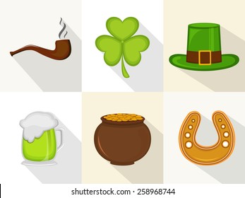 Happy St. Patrick's Day celebration ornaments with smoking pipe, clover leaf, leprechauns hat, beer, earthenware and horseshoe.