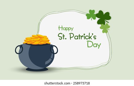 Happy St. Patrick's Day celebration with gold coins earthenware and shamrock leaves on green background.
