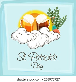 Happy St. Patrick's Day celebration greeting card design with beer mugs and flowers on clouds.