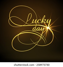 Happy St. Patrick's Day celebration greeting card design with golden text Lucky Day on shiny brown background.
