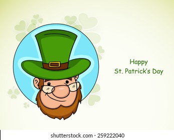 Happy St. Patrick's Day Feierlichkeiten Sticker, Tag-oder Label-Design mit Leprechaun auf Shamrock-Blättern dekorierten Hintergrund. 