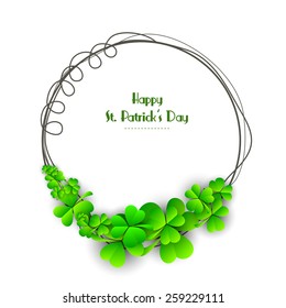 Happy St. Patrick's Day celebration with glossy shamrock leaves decorated frame on white background. 