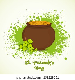 Happy St. Patrick's Day celebration with brown mud pot full of gold coins and shamrock leaves on green color splash background.