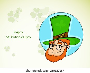 Happy St. Patrick's Day celebration sticker, tag or label design with happy leprechaun on shamrock leaves decorated background.