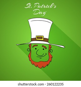 Happy St. Patrick's Day celebration with happy leprechaun on green background.