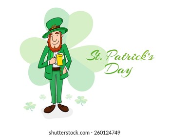 Happy St. Patrick's Day celebration with smiling leprechaun holding beer mug in his hand on clover leaves decorated background.