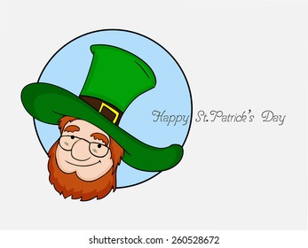 Happy St. Patrick's Day celebration with smiling leprechaun on grey background, can be used as sticker, tag or label design.