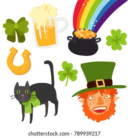Happy St Patrick's Day celebration sticker set in flat style. Pot of gold, rainbow, glass of beer, leprechaun, black cat, clover leaf, horseshoe, green bow isolated on white.