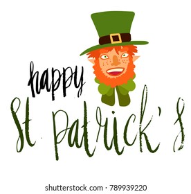 Happy St Patrick's Day celebration card template. Hand written brush lettering. Flat illustration of leprechaun smiling. Isolated on white.