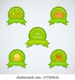 Happy St. Patrick's Day celebrations badge on blue background.
