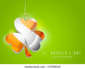 Happy St. Patrick's Day celebrations concept with glossy shamrock leaf design in orange and silver colour on green background.