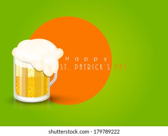 Happy St. Patrick's Day celebrations concept with beer mug on green and orange background.